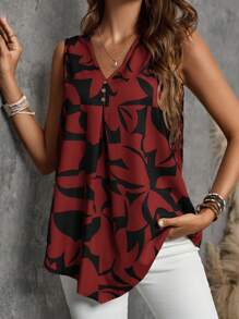 EMERY ROSE Women's Summer Sleeveless V-Neck Shirt With Geometric Pattern
