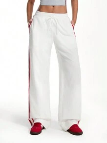 TRNVIE Casual Minimalist Side Contrast Stripe Low Rise Pants For Daily Wear - White - View 5