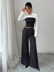 Elenzga 2 件女式黑白条纹衬衫领上衣和阔腿裤套装 - 黑與白 - 查看 4