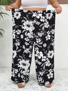 SHEIN CURVE+ Large Romantic Spring/Summer Vacation Woven Printed High Waist Wide Leg Women's Pants Boho Vacation - Multicolor - View 4