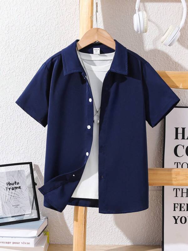 SHEIN Tween Boy Vacation Style Solid Color Turndown Collar Button-Up Fitted Woven Short Sleeve Shirt