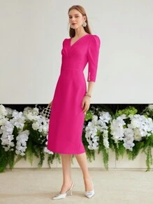 MOTF PREMIUM 褶饰开衩下摆连衣裙 - 玫紅色 - 查看 4