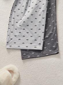 大码女式两件套睡衣：针织蝴蝶结印花长款舒适睡裤，适合所有季节，秋冬季服装 - 彩色 - 查看 6