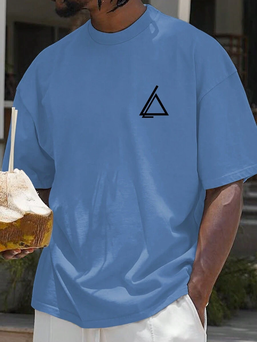 Manfinity Hypemode 男士几何印花圆领短袖休闲T恤 男士T恤 男士 - 藍色 - 查看 1