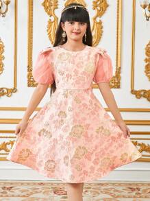 SHEIN Tween Girls 优雅春夏粉色提花缎带蝴蝶结装饰拼布欧根纱荷叶边收腰连衣裙 - 粉色 - 查看 4