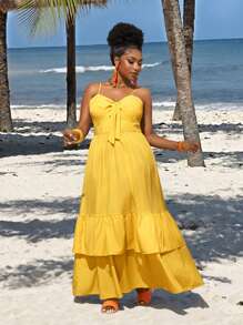 Slaydiva Plus Size Solid Color Spaghetti Strap Pleated Hem Casual Dress - Yellow - View 5