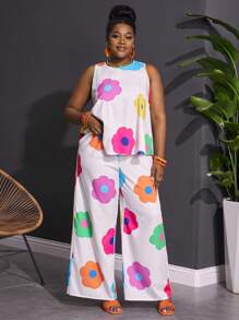 Slaydiva 优雅度假圆领无袖宽松下摆短款上衣直筒裤趣味大花卉印花女式加大两件套 - 白色 - 查看 4