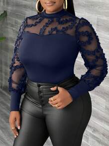 Slaydiva Contrast Mesh Lantern Sleeve Mock Neck Bodysuit - Navy Blue - View 6