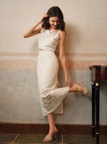 Anewsta Elegant Urban 2 Pieces Set: High-End Burn-Cut Hollow Embroidery Spaghetti Strap Bustier Top & Long Skirt