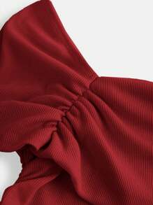 SHEIN Girlism Teen Girls Ribbed Knit Ruched Shoulder Slim Fit Casual T-Shirt, Red Top