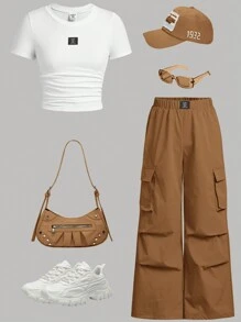 SHEIN Girlism 少女纯色褶皱短袖 T 恤和褶皱腰工装裤 2 件套