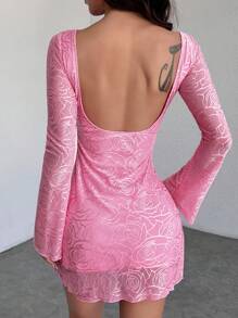 SHEIN PETITE Sexy Pink Jacquard Mesh Backless Long Sleeve Party Dress For Women