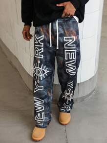Manfinity Streetrush Manfinity Streetrush Men's Branch & Letter Print Drawstring Waist Casual Pants,Camo Pants