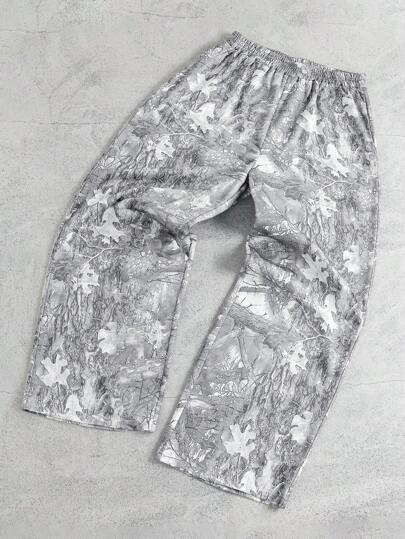 Manfinity Dauomo Men's Branch Print Elastic Waist Wide Leg Loose Sweatpants, For Rave