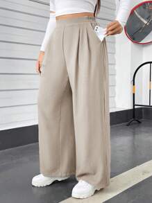 SHEIN Essnce Plus Size Women's Summer And Spring Casual Comfortable Loose Elastic Waist Light Apricot Color Basic Wide-Leg Pants,Springl Women Clothes,Homecoming,Old Money,Going Out Bottoms,Curv Pants,Women Outfits,Minimalist Clothes