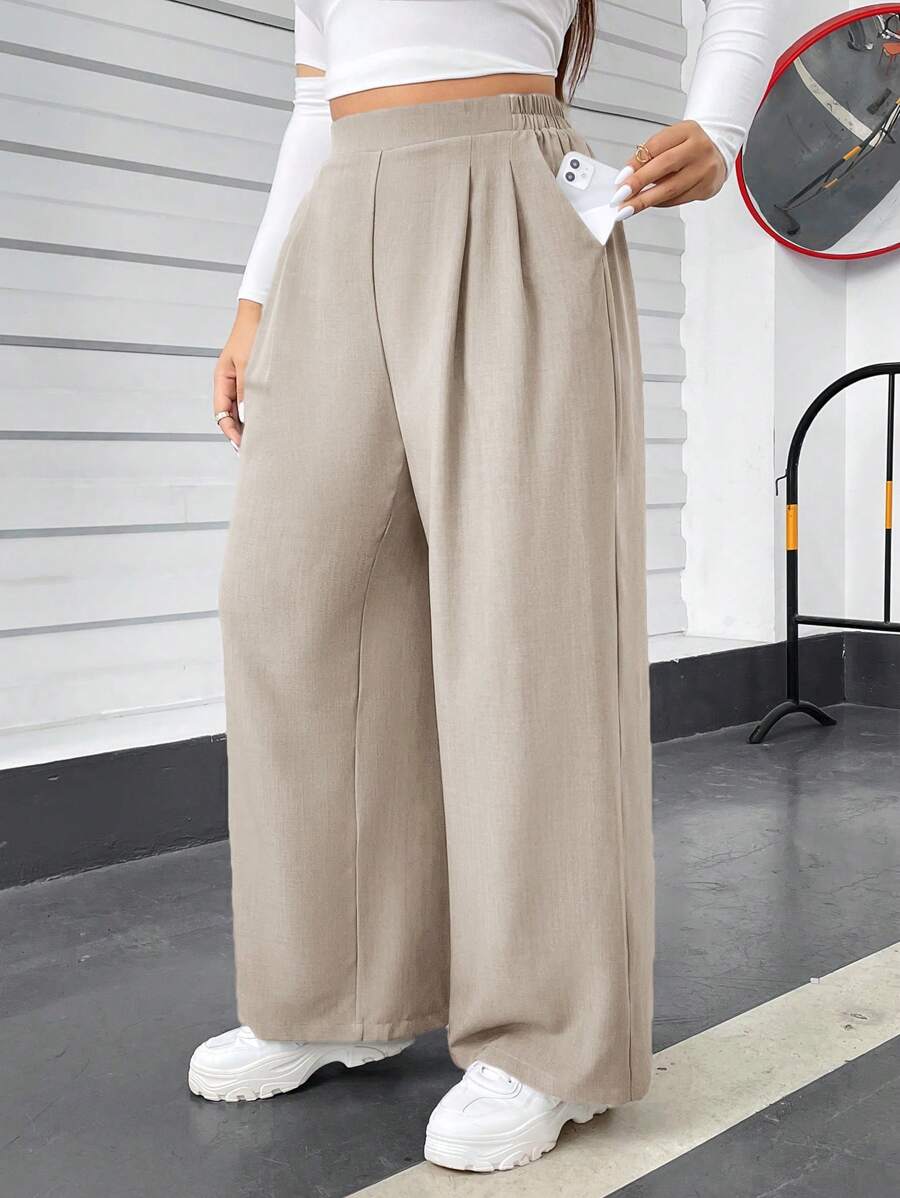 SHEIN Essnce Plus Size Women's Summer And Spring Casual Comfortable Loose Elastic Waist Light Apricot Color Basic Wide-Leg Pants,Springl Women Clothes,Homecoming,Old Money,Going Out Bottoms,Curv Pants,Women Outfits,Minimalist Clothes