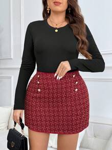 SHEIN Frenchy Plus Size Casual Commute Plaid Decor Button Skirt - Burgundy - View 6