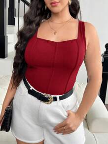SHEIN Frenchy Áo ba lỗ xương cá màu trơn cỡ lớn cho nữ mùa hè - Đỏ - Xem 6