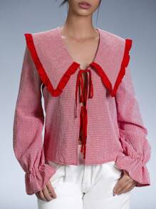 Aveloria Affinna Retro Campus Style Red Plaid Contrast Ruffle Collar Tie Front Long Sleeve Shirt For Women, Spring/Summer - Red and White - View 5