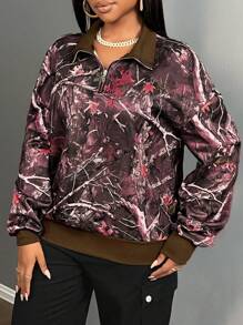 Slaydiva 大码休闲街头迷彩印花拉链领宽松运动衫