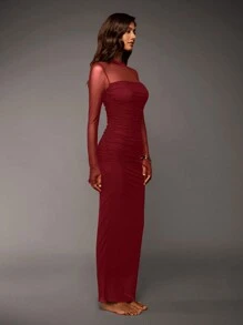 Opulessa Holiday Openwork Knit Long Sleeve Maxi Dress - Red - View 6