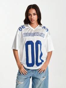 TRNVIE Camiseta de manga corta holgada con estampado numérico de Brooklyn y entredós de malla - Blanco - Ver 3