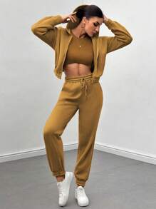 SHEIN Essnce 3 件/套女式單色背心、拉鍊連帽外套和慢跑褲套裝 - 棕色 - 查看 3