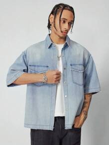 ROMWE MEN Street Life Men's Washed Loose Short Cut Denim Shirt - Multicolor - View 2