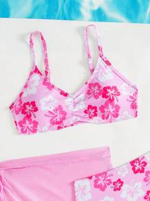 SHEIN Conjunto de traje de baño de camiseta y Bottom minimalista y casual para uso diario, para niñas preadolescentes - Rosa - Ver 4