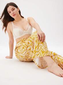 LUVLETTE 岛屿风格黄色柔软棉质基本款阔腿图案家居裤带口袋内衣裤可作为外套透气睡裤