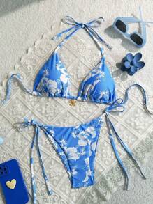 Swim Mod 花卉印花露背短款背心和侧系带比基尼套装，夏日海滩度假 - 藍白色 - 查看 1