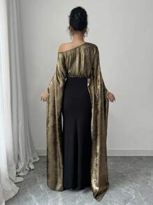 Elenzga Elegant Women's Luxury Evening Gown With Large Flared Sleeves And Gold Foil Details - Multicolor - View 2