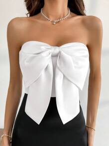 SHEIN Privé Vestido corto sin tirantes de color contrastante con lazo para fiesta de graduación de mujer, verano - Blanco y Negro - Ver 5