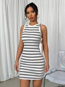 Elenzga Casual Striped Bodycon Mini Dress - Light Grey - View 5