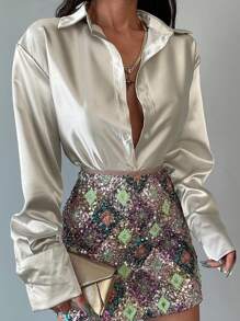 INAWLY Women Simple Plain Button Front Long Sleeve Shirt, Casual Everyday Wear Fall Cloth For Women - Khaki - View 4