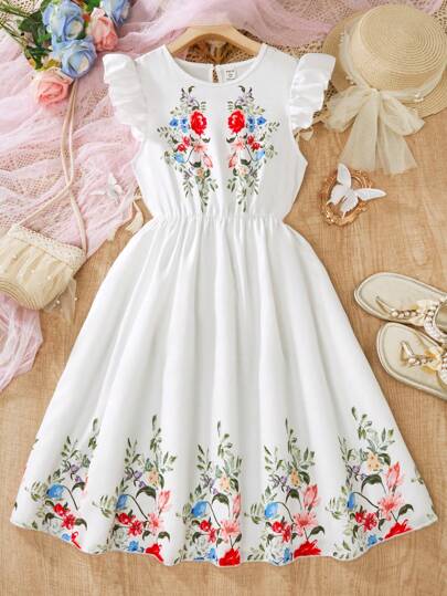 Sparklyn Tween Girl 白色花卉印花 A 字型迷你袖连衣裙
