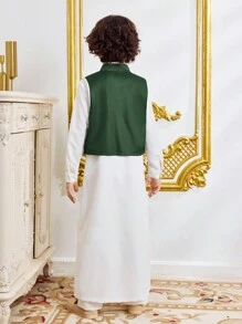 2pcs Set: Tween Boys Floral Print Long Sleeve Robe Shirt With Stand Collar Vest Top