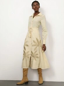 Aveloria Modichic Elegant Vacation Fashion Dress With Palm Tree Embroidery And Beaded Waist Tie, Long Sleeve Fall Cloth For Women - Apricot - View 6