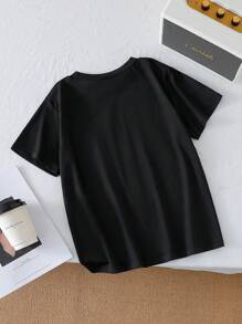SHEIN Young Girls' Fashion Digital Letter Print Bow Knitted Casual Round Neck Short Sleeve Plain T-Shirt, Summer - Black - View 2