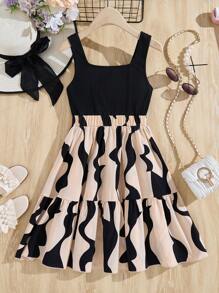 SHEIN Teen Girls' Black Geometric Pattern Knitted Tank Top Patchwork A-Line Casual Holiday Dress - Black - View 7