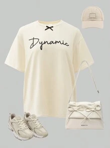 SHEIN Teen's 1pc Solid Color Minimalist Letter Logo Bow Decor Loose Casual Round Neck Short Sleeve T-Shirt