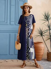 EMERY ROSE Women's Summer Round Neck Short-Sleeve Dress With Pattern Patchwork - Blue - View 5