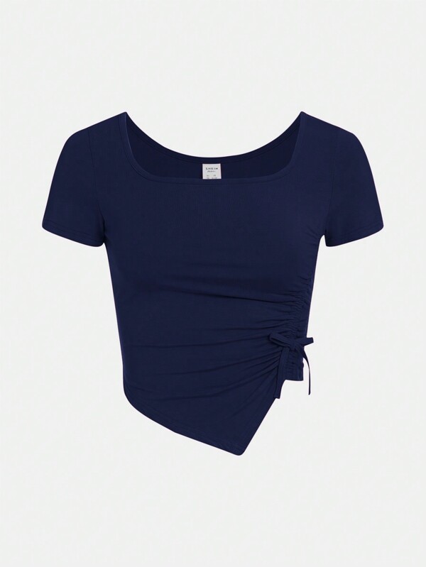 SHEIN Girlism Tienermeisjes vierkante hals trekkoord asymmetrische taille elegante korte mouw T-shirt