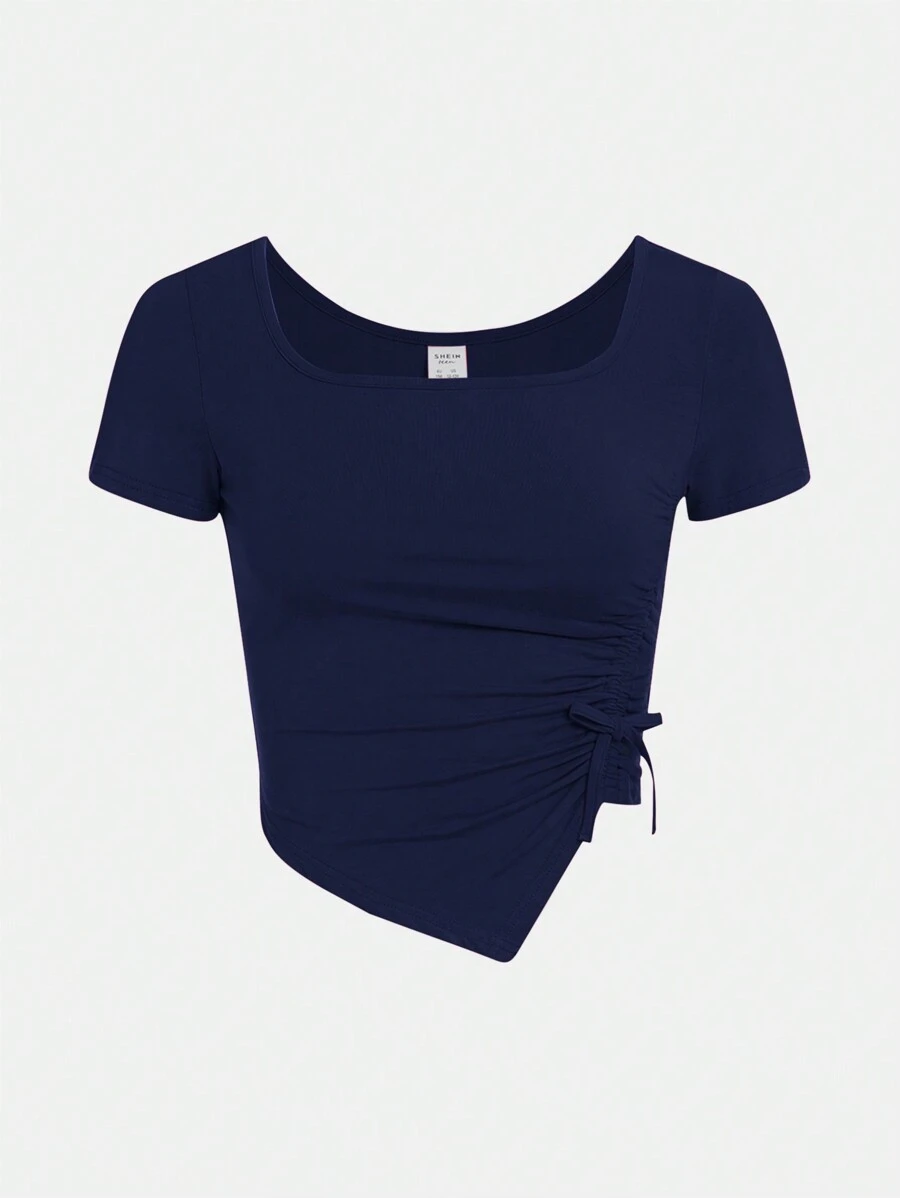 SHEIN Girlism Teen Girl Square Neck Drawstring Asymmetric Waistline Elegant Short Sleeve T-Shirt - Navy Blue - View 1