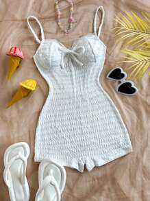 Soleia Sexy Textured Fabric Lace Trim Spaghetti Strap Romper For Women, Fitted Style, Suitable For Vacation, Music Festival, Bohemian, Holiday, Date Night, Afternoon Tea, Beach Outfit - White - View 1