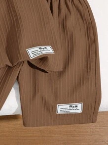 SHEIN Tween Boy Casual Holiday Korean Style Mandarin Collar Half-Zip Short Sleeve Top With Patch & Woven Shorts Set - Brown - View 5