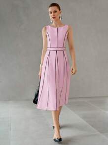 MOTF PREMIUM 对比滚边无袖连衣裙 - 粉色 - 查看 3