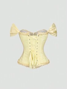 Sweetra Nueva blusa con hombros descubiertos, volantes frontales y lazo en la cintura - Amarillo - Ver 2