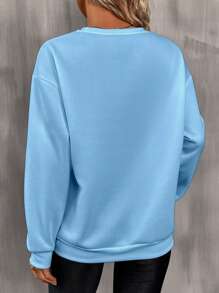 SHEIN LUNE 女士口号字母印花圆领长袖运动衫运动服、长袖上衣 - 藍色 - 查看 2