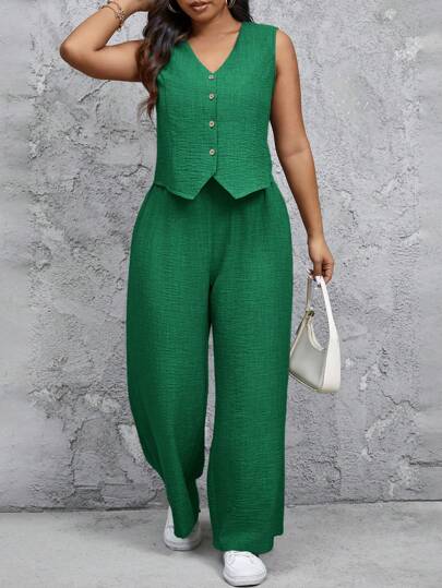 SHEIN Frenchy 大码女式单排扣背心和长裤休闲两件套